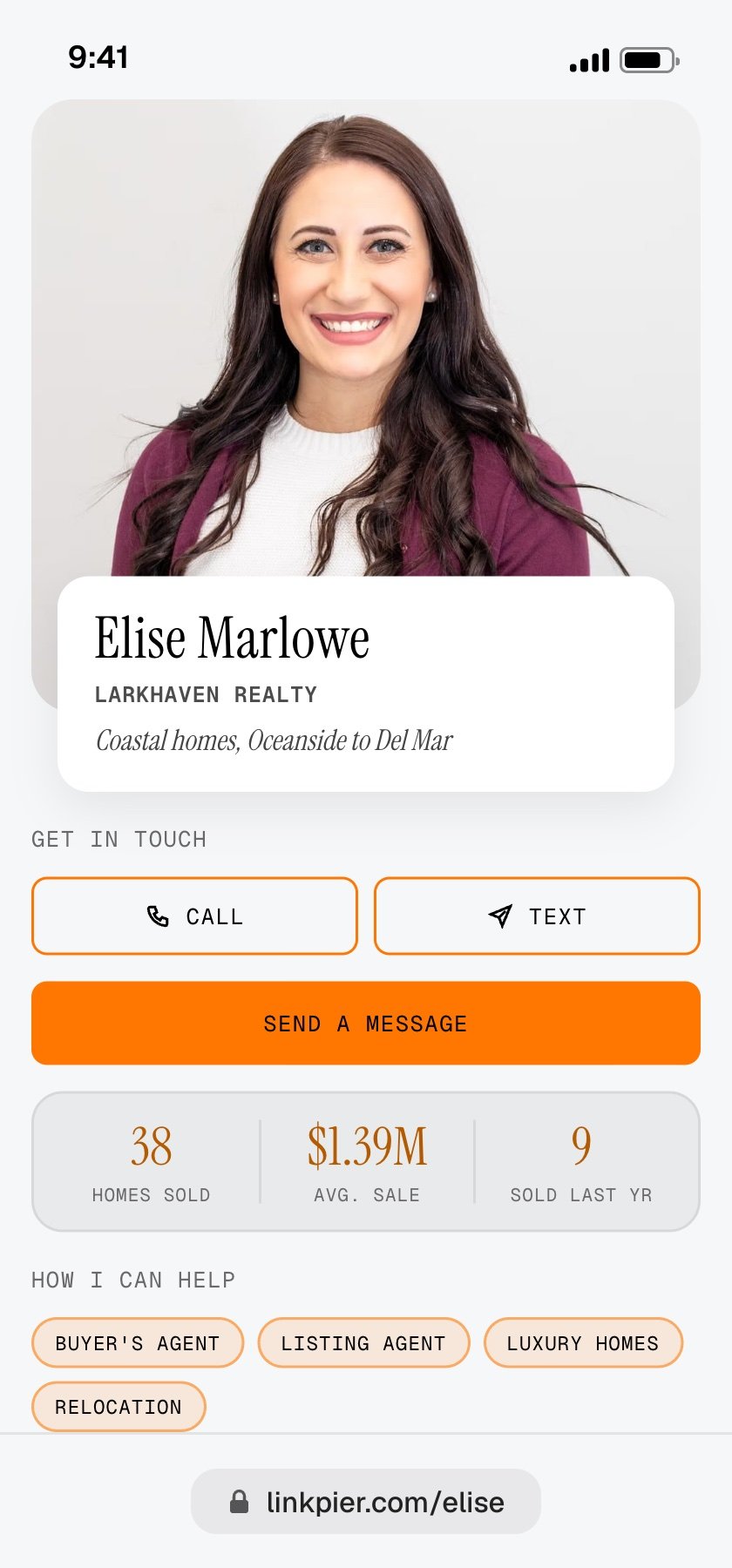 A LinkPier page for an agent: photo, name, call and text buttons, a message button and sales stats